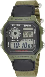 Casio AE-1200WHB-3B Green Nylon Band Digital World Time Square Men's Sport Watch
