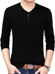 [Gsywaipei] Men's Solid V Neck Knitted Pullover Casual Long Sleeve Male Knit Sweater Slim Fit Wool Knits Sweaters, Black, 3X-Large
