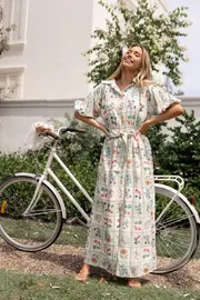 [PUP14] James Button Through Maxi Dress - Flower Market XS Green
