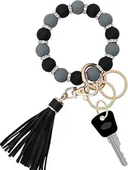 [Munchewy] Silicone Key Ring Bracelet for Women, Elastic Beaded Wristlet Keychain Key Holder with Zircon & Tassel for Mother’s Day Gift, Grey/Black, One size