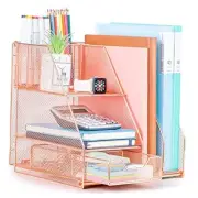Rose Gold Desk Accessories, Office Supplies Desk Organizer Caddy with Sliding