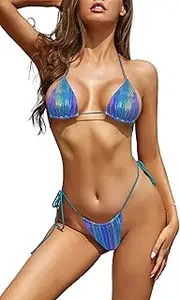 [SHEKINI] Women Metallic Triangle Bikini Set Halter String 2 Piece Swimsuit Shiny Brazilian Thong Bottom