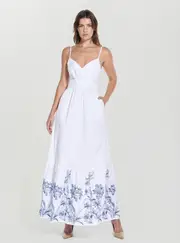 GUESS Women's White Blanche Place Embroidered Long Dress Size: Small, Cotton