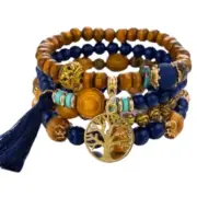 4 Boho Wood Bead Stretch Tree of Life Charm Tassel Bracelet Set Teen Girl NEW