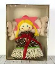 Vintage Folk Art Angel Doll Stuffed Fabric Country Primitive Pink Polka Dot Lace
