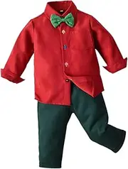 NOLITOY Kids Christmas Outfit Long-Sleeved Shirt Bow Tie Suspender Trouser Set Red 100cm