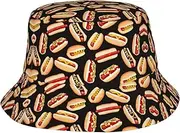 [HVTTIOR] Fun Food Hot Dogs Print Fishing Hat Unisex Bucket Hat Crown for Summer Beach Fishing and Outdoor Activities Black, Black, One Size