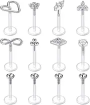 [Crdifu] 12-Piece Bioflex Lip Piercing Labret Stud Set Flexible Plastic 6/8/10 mm Lip Helix Piercing Retainers