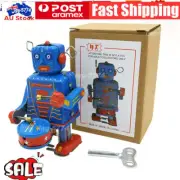Clockwork Drumming Robot Toy, Tinplate Antique Vintage 80s Wind Up Robot Tin ↯