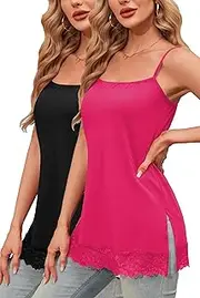 [TAIPOVE] Camisole Tops for Women Long Lace Cami Cotton Adjustable Strap Tank Top Extender Layering Square Neck 2 Packs