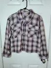 Democracy Blue Peach Plaid Relaxed Boxy Flannel Slight Crop Button-Up Top S NWT