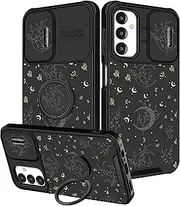 [Funermei] (2in1 for Samsung A14 5G Case for Women Cute Girls Cover Fun Funny Girly Kawaii Aesthetic Cool Black Sun Moon Design with Camera Cover and Ring Stand for Samsung Galaxy A14 5G Case