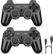 ＲＵＥＩＵＲＩ PS-3 Controller 2 Pack - Wireless Bluetooth Gamepad with USB Charger Cable for PS-3 Console (Black+Black)