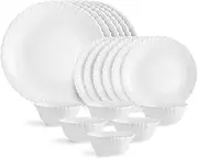 KRISHANA EXPORT STORE Opalware Dazzle Series Plain Dinner Set - 18 Units | Opal Glass Dining Set for 6 | Lightweight, Everyday Crockery Set | White Plates and Bowls