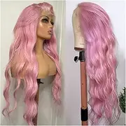 Wigs Loose Wave Light Pink Lace Frontal Wig 13×4×1 HD Transparent Lace Wig Brazilian Remy Hair 8-28" Pre Plucked Pink Colored Wave Curly Lace Front Wig for Daily Party (Size : 150 Density, Color : 2
