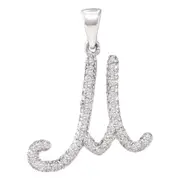 14k White Gold Round Diamond Cursive Letter M Initial Pendant 1/6 Cttw