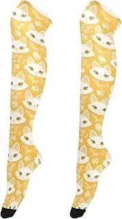 [FRODOTGV] White Cat Faces Yellow Over Knee High Socks for Women Elastic Long Boot Stockings for Women Warm Over Knee Socks, White Cat Faces Yellow