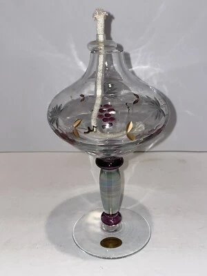 Oil lamp hand blown etched painted Romania Euro Accents purple Gold Boho Aladdin