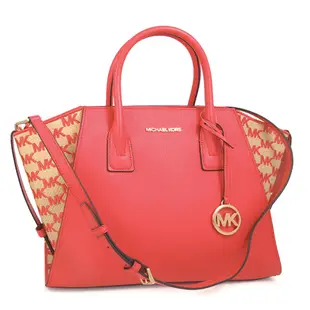 MICHAEL KORS Avril 金字大圓標Logo藺草繡字皮革拼接大水餃兩用包(珊瑚紅-大)