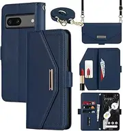 [Cavor] Crossbody Wallet Case for Google Pixel 7 Case (6.3") Flip Cover Magnetic Leather Women Handbag Card Slots Holder Zipper Kickstand Purse with Detachable Shoulder Necklace Lanyard Strap-Navy Blue