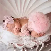 Ylsteed Newborn Girl Photoshoot Outfits Lace Newborn Photography Outfits Girl Photo Props Elastic Romper with Headband Baby Elegant Gorgeous Photography Outfit - Daisy Pink