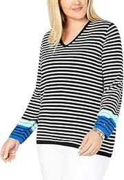 [Tommy Hilfiger] Plus Size Cotton Striped V-Neck Sweater Blue Size X-Large