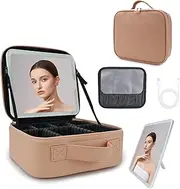 SUILU Travel Makeup Bag with LED Lighted Mirror,Cosmetics Organizer, with 3 Color Lighted Setting, with Adjustable Brightness Vanity Mirror and Detachable 10x Magnifying Mirror Travel Makeup., khaki
