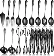 Yetene 19 Pieces Serving Flatware Set Including Stainless Steel Spatulas, Forks, Spoons, Perforated, Soup, Skimmers Spoon, Buffet Tongs, Heavy Duty Serving Tongs for Home(Black)