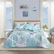 Tritard 3 Piece Coastal Quilt Sets King Size - Reversible Microfiber Quilts with 2 Shams Soft Lightweight Beach Bedding Nautical Bedspread Coverlet Summer Comforter Set for All Season, 96''x106''