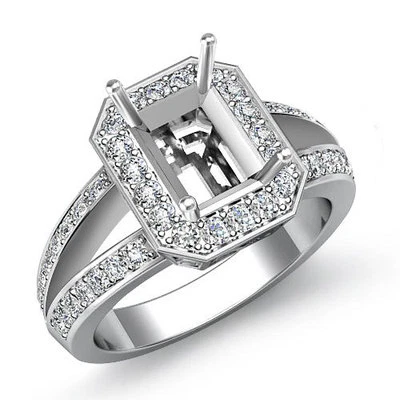 Halo Emerald Semi Mount Split Shank Diamond Engagement Ring 14k White Gold 0.6Ct