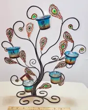 Peacock Feather 5 Tea Light Candle Metal Wrought Iron Display NEW 19"H x 16"W