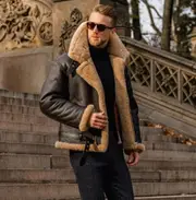 Men"s Camel Stylish Flying Leather Jacket,slim Fit Shearling Aviator Bomber Jack brown/black/coffee L