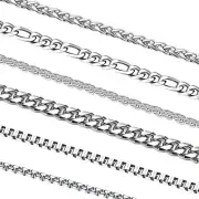 6 Pcs Silver Chains, Stainless Steel Cuban Link/Rope/Box/Figaro/Square Rolo/W...