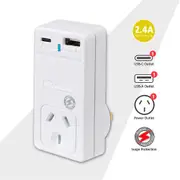 Sansai 2.4A USB A&C Wall Socket Adaptor Charger with Surge Protected Power Outlets