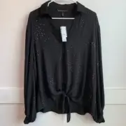 NWT Black House White Market Black Embellished Tie Front Long Sleeve Blouse