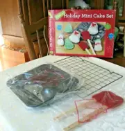 Holiday Mini Cake Set Baking Pan Mold Cooling Rack 2 Spatulas Bell Snowman Tree