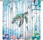 AAVEUP Turtle Ocean Curtains, Watercolor Cartoon Sea Animals Octopus Coral Shell Seahorse Jellyfish Window Treatments Drapes for Kids Boys Girls Bedroom Nursery Bathroom 42x45in（No Blackout）