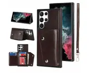 Case for Samsung Galaxy S23 Ultra, Leather Wallet Case With Card Pockets Back Flip Shockproof Cover Case-Brown
