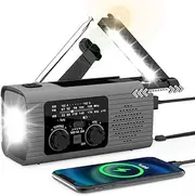 Portable Wind Up Radio, Solar Hand Crank Radio with LED Flashlight Reading Light, 2000mAh Capacity Battery, Cellphone Charger, SOS Alarm for Emergency Supplies, Outdoor Sport, Survival Equipment Gray