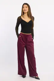 Red Wide Leg Pants High Rise Satin - Size 16XL, Women's Wide Leg Pants