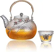 Japanese Style 30 oz/900ml Glass Teapot with Tin Copper Plum Decoration,Elegant Tea Pot Set