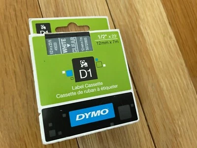 Dymo D1 White on Clear Label Tape D1 45020 12mm x 7m - 1/2" x 23 ft