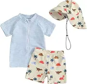 [Kuriozud] Toddler Baby Boy Swimsuit Infant Zipper Rash Guard Swimwear T-Shirt and Swim Trunk Sun Hat 3 Piece Bathing Suit