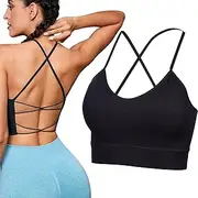 [Risipu] Women Backless Sports Bra Low Impact Support Open Back Gym Bras Removable Padded Strappy Crop Tank Top for Workout Yoga Running