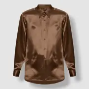 Tom Ford Men Brown Silk Satin Long-Sleeve Button-up Dress Shirt Size 42/16.5
