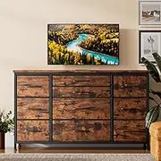 Takywep 10 Drawer Dresser for Bedroom with Wooden Top, Rustic Brown Tv Stand Dresser with Power Outlet for 55", Bedroom Dressers with Drawers, Fabric Drawer Dresser for Bedroom, Big Storage…