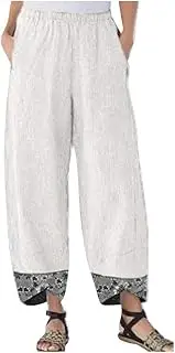 Plus Size Cotton Linen Pants for Women Lightweight Summer Carpi Pants High Waisted Straight Leg Loose Casual Trousers