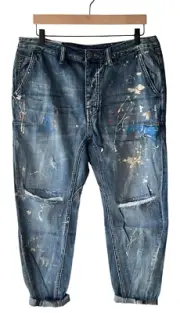 Man X One Teaspoon 34R Mr Browns Blue Suede Paint Splatter Distressed Jeans -New