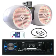 White 8" Marine LED Tower Speakers, Bluetooth Pyle USB AUX AM FM Radio, Antenna