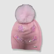 $42 Bari Lynn Kids Girl's Pink Confetti Smiley Face Pom Beanie Hat Size OS